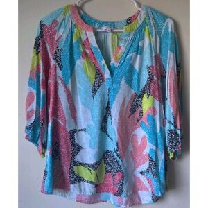 Crown &‎ Ivy Green Pink Blue Print Blouse Size Small 3/4 Sleeve 100% Rayon